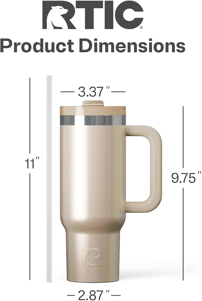 RTIC 30 oz Road Trip Tumbler Double-Walled Ceramic Lined InsulatedStainless Steel Portable Travel Coffee Mug Cup with Lid, Handle and Straw, Beach Glitter