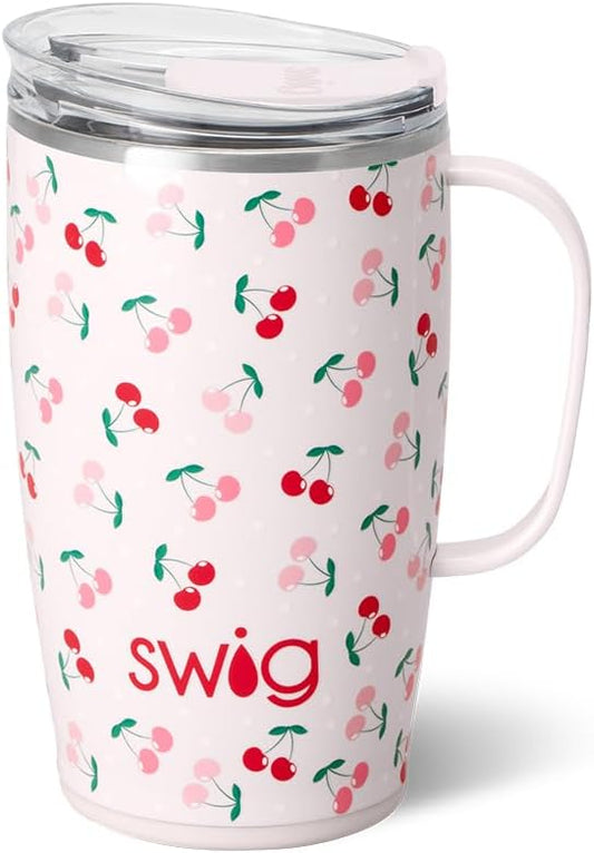 Swig Life 18oz Travel Mug, Insulated Tumbler with Handle and Lid, Cup Holder Friendly, Dishwasher Safe, Stainless Steel, Travel Coffee Cup (Cherry Pie)