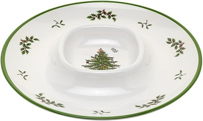 Spode Christmas Tree Melamine Chip & Dip - 14-Inch Serving Platter for Cheese, Appetizers, Chips, Salsa - Durable, Shatterproof, Dishwasher Safe - Ideal for Indoor & Outdoor Holiday Entertaining