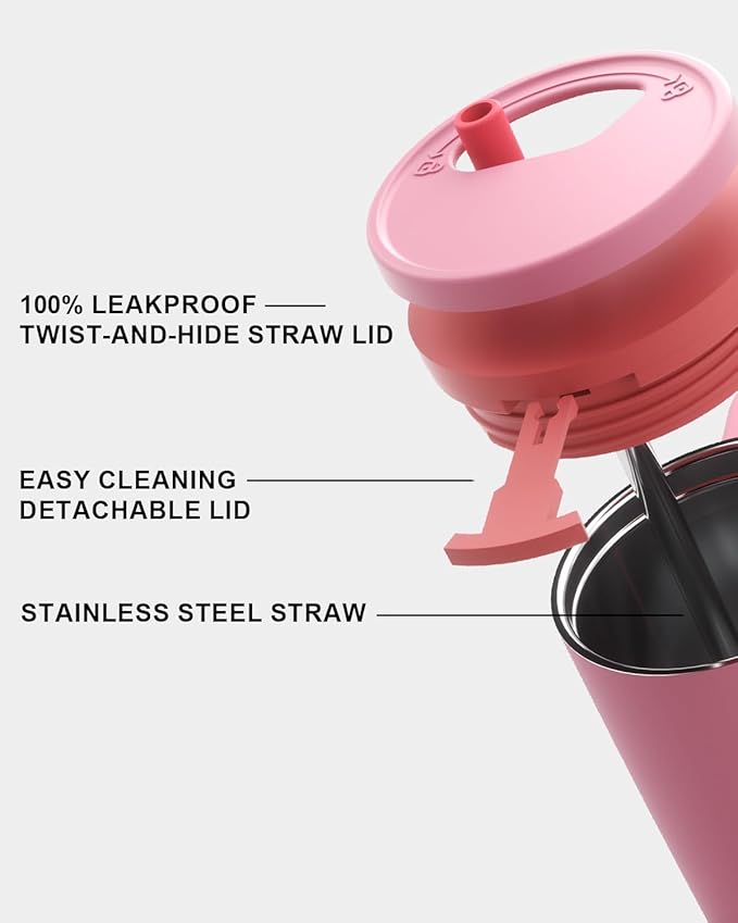 KISSKIND 40 oz Tumbler with Handle and Straw | Lumi Spin Hidden Straw 100% Leakproof Insulated Tumbler | Stainless Steel Water Bottle for Mom, Nurse, Teacher | Pink