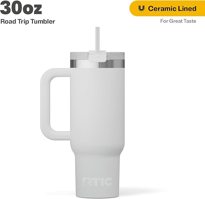 RTIC 30 oz Road Trip Tumbler Double-Walled Ceramic Lined InsulatedStainless Steel Portable Travel Coffee Mug Cup with Lid, Handle and Straw, Cool Grey