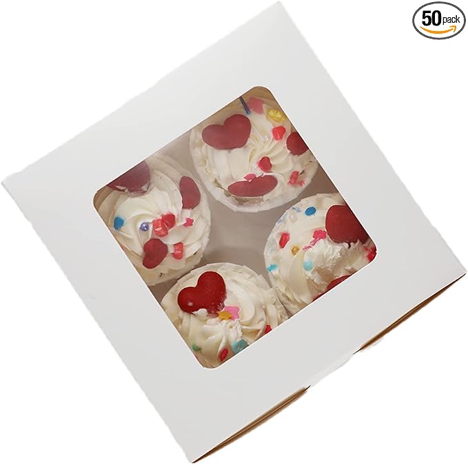 50-Set Cupcake Boxes Bulk with Clear Display Window Hold 4 Standard Cupcakes, Disposable Food Grade White Cupcake Carrier Cupcake Container, Perfect for Cupcakes Muffins Cookies Pastries