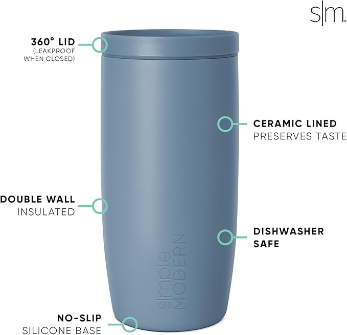 Simple Modern Travel Coffee Mug Tumbler with 360° Lid | Ceramic-Lined Insulated Stainless Steel Cold Brew Iced Coffee Cup Thermos | Gifts for Women Men Her Him | Voyager Signature | 16oz | Blue Dune