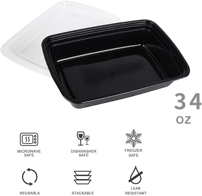 50-Pack Food Prep Containers, 1000ML/ 34 OZ Microwavable Food Storage Containers with Lids, Reusable Plastic lunch Containers Lunch Boxes- Stackable, Reusable Dishwasher Safe