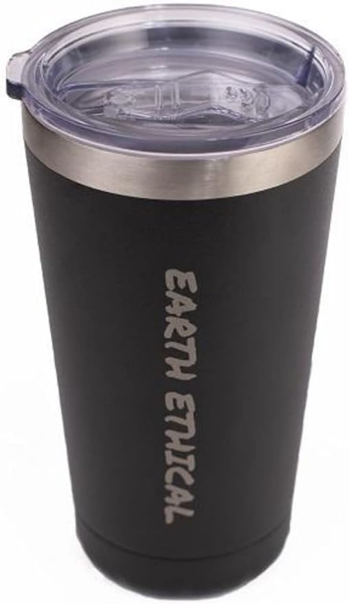 Earth Ethical Insulated Coffee Tumbler with Lid - Double Walled 20 oz Stainless Tumbler for Coffee, Tea or Iced Drinks - Easy Grip Travel Tumbler for Car, SUVs or Truck (Black with Logo)