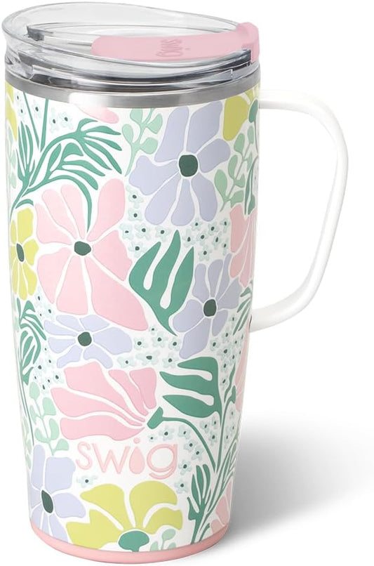 Swig Life 22oz Travel Mug, Insulated Tumbler with Handle and Lid, Cup Holder Friendly, Dishwasher Safe, Stainless Steel, Travel Coffee Cup, Insulated Mug with Lid (Garden Party)