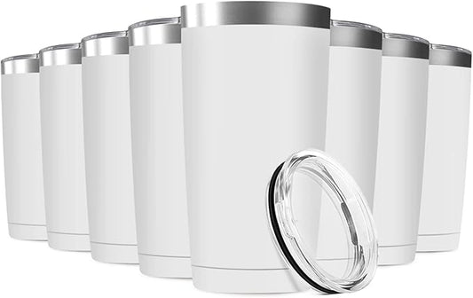 8 Pack 20oz Tumbler Vacuum Insulated Travel Mug with Lids, Stainless Steel Double Wall Bulk Cup for Home, Office, Outdoor Suitable for Vehicle Cup Holders(White)