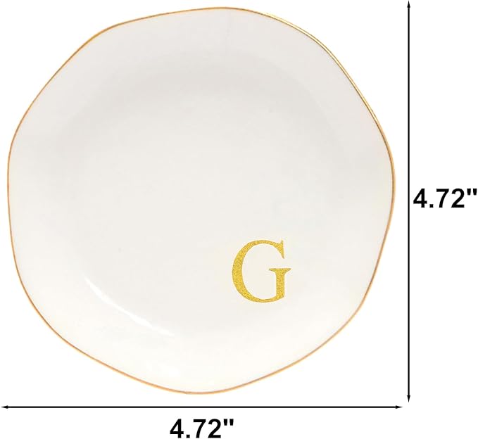 Ceramic Jewelry Tray Initial Ring Dish Personalized G-Monogrammed Engagement Wedding Gifts, for Birthday Mother's Day Christmas for Women, Ceramic White 4.75" (G)
