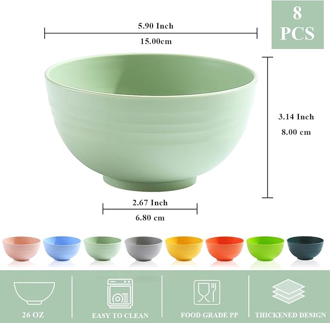 Berglander 26 oz Plastic Bowls Set of 8 Colors, Reusable and Sturdy Unbreakable Bowl for Soup,RSet of 8 Colorsamen, Popcorn,Salad, Drop Resistant Dinnerware BPA Free, Microwave Safe Dishwasher Safe