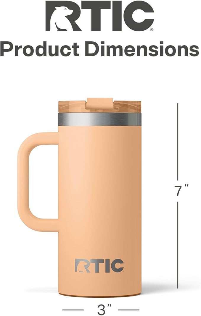 RTIC 16oz Road Trip Travel Mug with Lid and Handle, Ceramic Lined, Insulated, Stainless Steel, Metal, Double Wall Vacuum-Insulation, Portable Coffee, Tea Cup for Hot and Cold Drink, Peach Tea