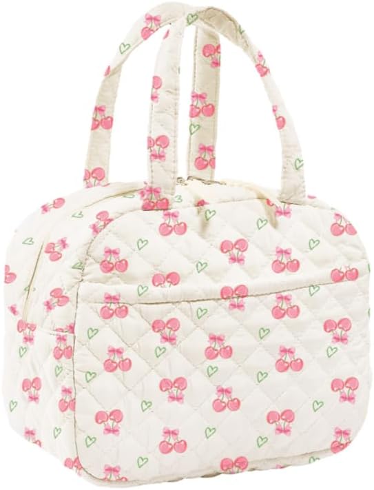 Quilted Lunch Box for Women,Insulated Cute Reusable Lunch Bag with Front Pocket,Pink Flower Stylish Lunch Tote Bag for Work, Office,Picnic, Travel,School (cherry heart)
