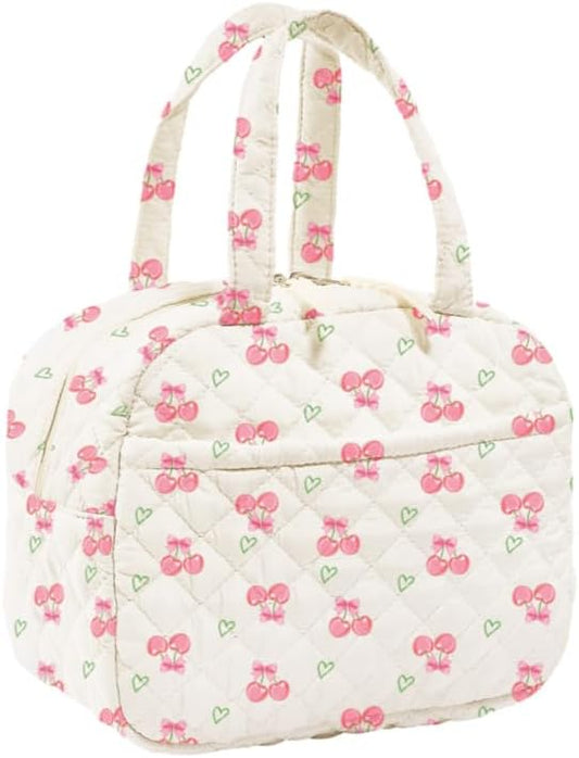 Quilted Lunch Box for Women,Insulated Cute Reusable Lunch Bag with Front Pocket,Pink Flower Stylish Lunch Tote Bag for Work, Office,Picnic, Travel,School (cherry heart)