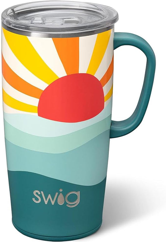 Swig Life 22oz Travel Mug, Insulated Tumbler with Handle and Lid, Cup Holder Friendly, Dishwasher Safe, Stainless Steel, Travel Coffee Cup, Insulated Mug with Lid (Sun Dance)