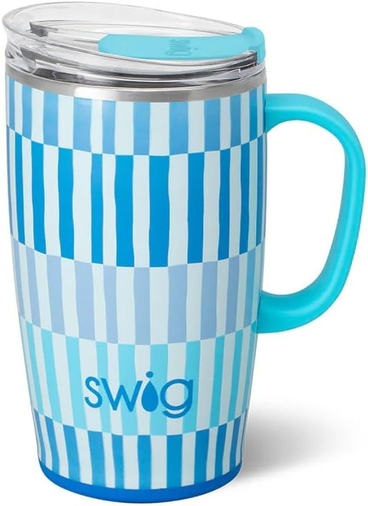 Swig Life 18oz Travel Mug, Insulated Tumbler with Handle and Lid, Travel Coffee Mug, Cup Holder Friendly, Stainless Steel 18 oz Tumbler, Reusable Insulated with Lid (Glacier Stripe)