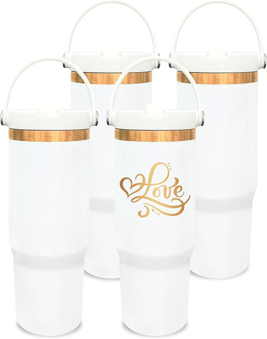 30 oz Tumbler Bulk with Handle and Straw, Vacuum Insulated Tumblers with Flip Straw and Top Handle, Leakproof Powder Coated Tumbler, Stainless Steel Travel Mug for Coffee Water (White, 4 Pack)