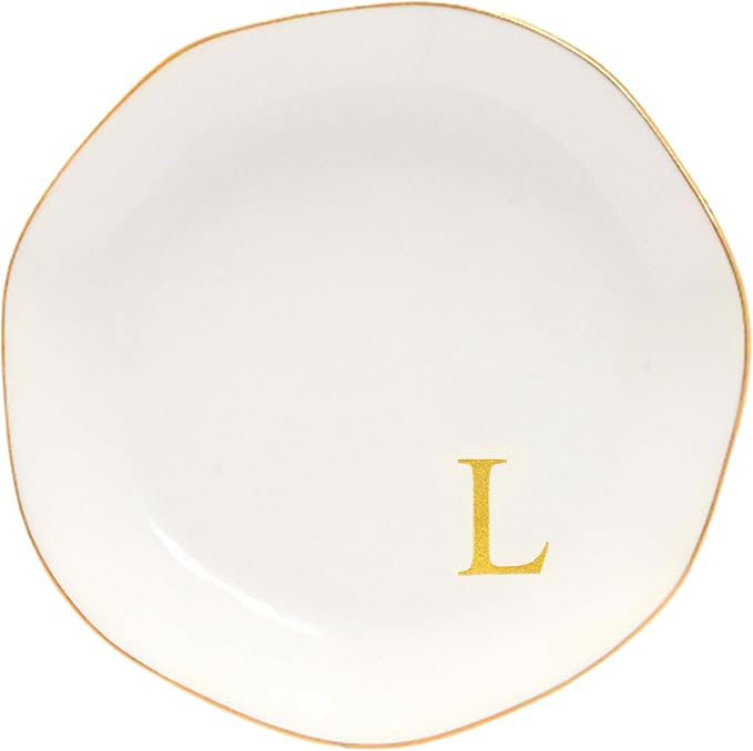 Ceramic Jewelry Tray Initial Ring Dish Personalized L-Monogrammed Engagement Wedding Gifts, for Birthday Mother's Day Christmas for Women, Ceramic White 4.75" (L)