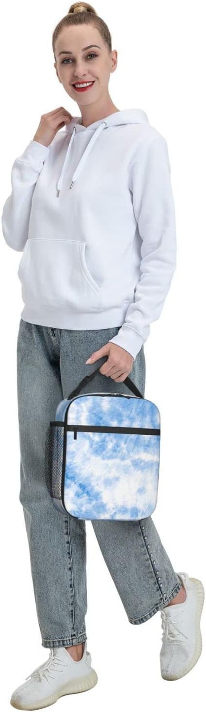 SUPLUCHOM Lunch Box Tie Dye White Blue Art Insulated Bag Reusable with Side Pocket for Work School Picnic Hiking Daytrip Kid Adult Over 3 Years Old