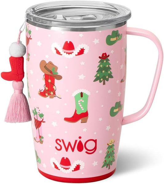 Swig Life 18oz Travel Mug, Insulated Tumbler with Handle and Lid, Cup Holder Friendly, Dishwasher Safe, Stainless Steel, Travel Coffee Cup (Howdy Holidays)