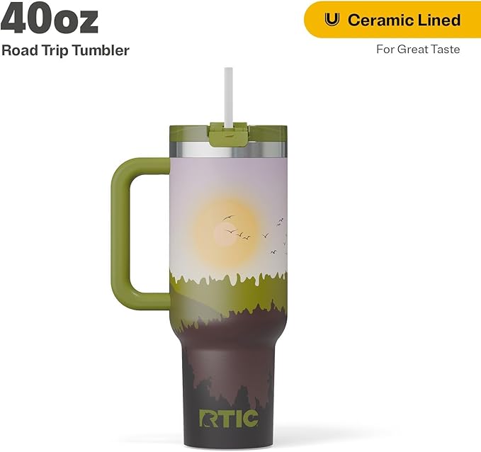RTIC 40 oz Road Trip Tumbler Double-Walled Cermaic Lined Insulated Stainless Steel Portable Travel Coffee Mug Cup with Lid, Handle and Straw, Deep Woods