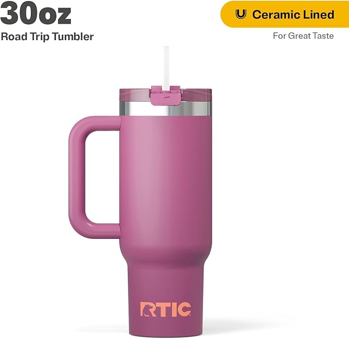 RTIC 30 oz Road Trip Tumbler Double-Walled Ceramic Lined InsulatedStainless Steel Portable Travel Coffee Mug Cup with Lid, Handle and Straw, Orchid