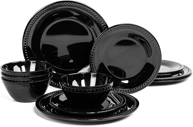 Black Melamine Dinnerware Set of 12 Pcs, BPA Free Dishes Set, Plates and Bowls Sets for Indoor Outdoor Dining on the Beach, RV, Camping Use,Lightweight Unbreakable Dishwasher Safe
