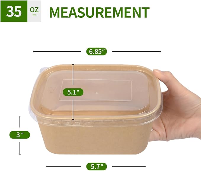 50 Pack 35 oz Paper Meal Prep Containers Disposable, Paper Food Containers with Lids Take Out Containers Microwavable and Freezable for Hot/Cold Use