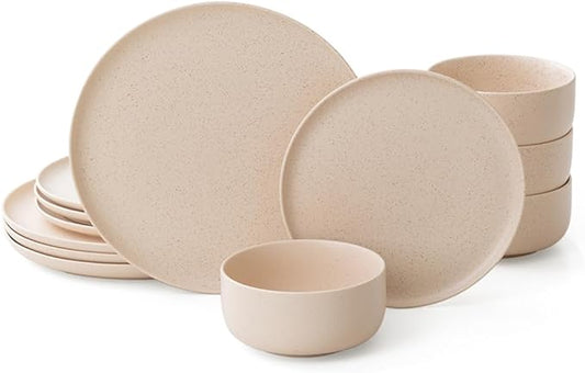Stoneware Plates and Bowls Set - 12pcs Reactive Glazed Dinnerware Service for 4, Scratch & Chip Resistant (Oat Beige)