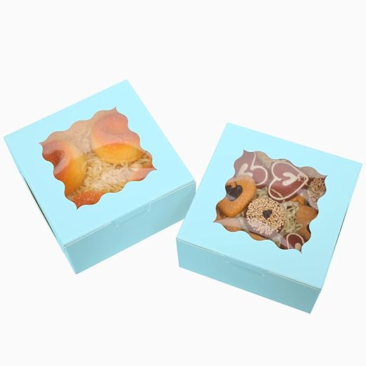 Bakepacker 60pcs Light Blue Bakery Boxes with Window 6x6x3 inches Thick & Sturdy Macaroon Pastry & Cookie Boxes