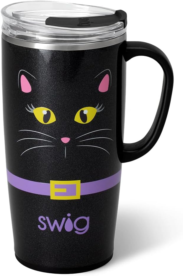 Swig Life 22oz Travel Mug, Halloween Insulated Tumbler with Handle and Lid, Travel Coffee Mug, Cup Holder Friendly, Stainless Steel 22 oz Tumbler, Reusable Insulated with Lid (Boo Crew Cat)