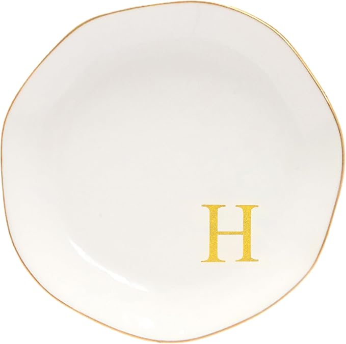 Ceramic Jewelry Tray Initial Ring Dish Personalized H-Monogrammed Engagement Wedding Gifts, for Birthday Mother's Day Christmas for Women, Ceramic White 4.75" (H)