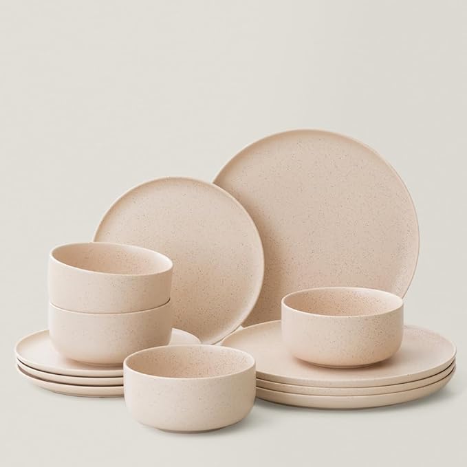 Stoneware Plates and Bowls Set - 12pcs Reactive Glazed Dinnerware Service for 4, Scratch & Chip Resistant (Oat Beige)