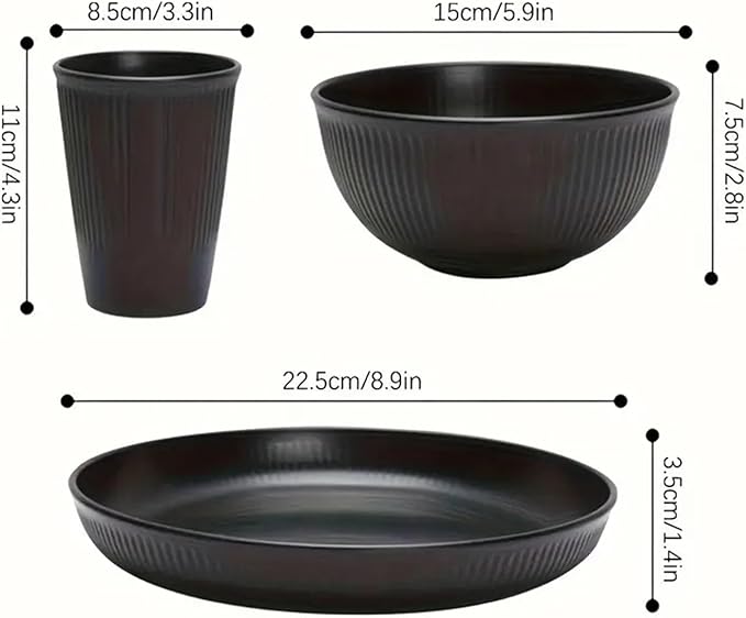 Plates and Bowls Sets, 18 piece Lightweight Unbreakable Dinnerware Set for 6，Camping Plates for Picnic ，Dish Sets with 23cm Plates, 15cm Bowls, Cups for Kitchen （Black）