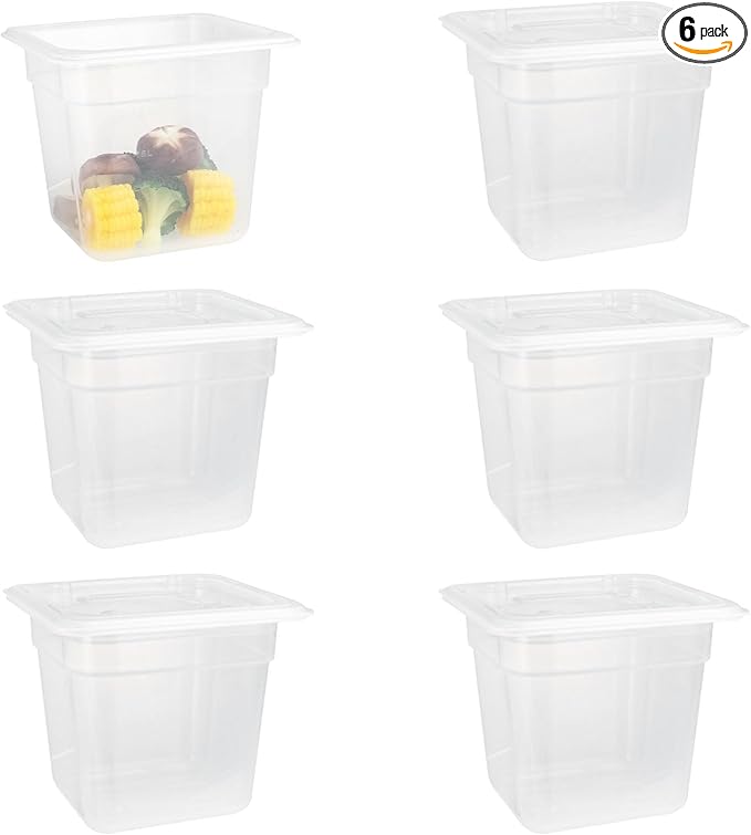 6-Pack Food Pan with Lids, 1/6 Size Food Storage Containers for homes, schools, restaurants, hotels Meal Prep, -40℉-160℉, Stackable, Freezer-Safe (1/6 size 4 inch deep, 1.53L/1.62QT)
