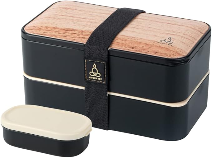 Restaurantware Bento Tek 40.5 Ounces Stackable Lunch Box 1 Reusable Adult Lunch Container - With Utensils Sauce Cup Wood Grain & Black Plastic Layered Lunch Box Microwavable Dishwashable