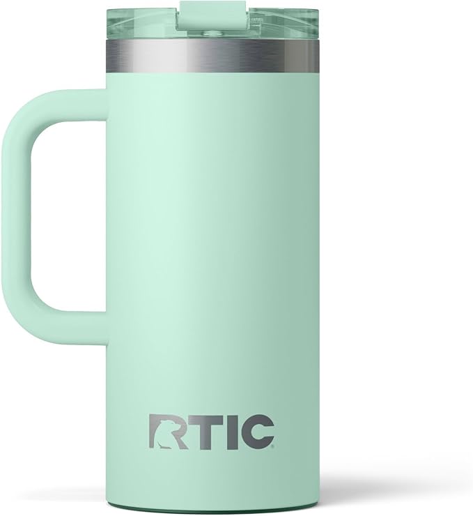 RTIC 16oz Road Trip Travel Mug with Lid and Handle, Ceramic Lined, Insulated, Stainless Steel, Metal, Double Wall Vacuum-Insulation, Portable Coffee, Tea Cup for Hot and Cold Drink, Fresh Mint