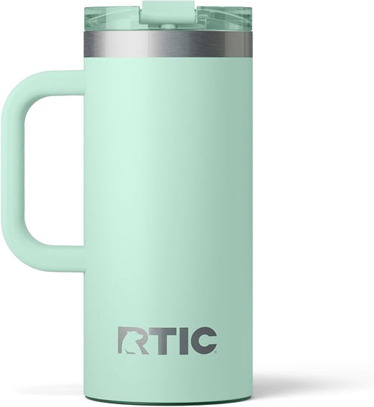 RTIC 16oz Road Trip Travel Mug with Lid and Handle, Ceramic Lined, Insulated, Stainless Steel, Metal, Double Wall Vacuum-Insulation, Portable Coffee, Tea Cup for Hot and Cold Drink, Fresh Mint
