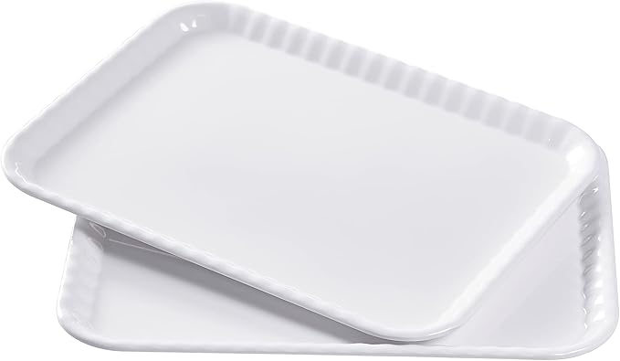 Blue Boat 15" x 11" Rectangular Serving Trays Set of 2 White, Melamine Serving Platter, Light Weight Easy to Clean Sturdy Stackable BPA-Free Dishwasher Safe