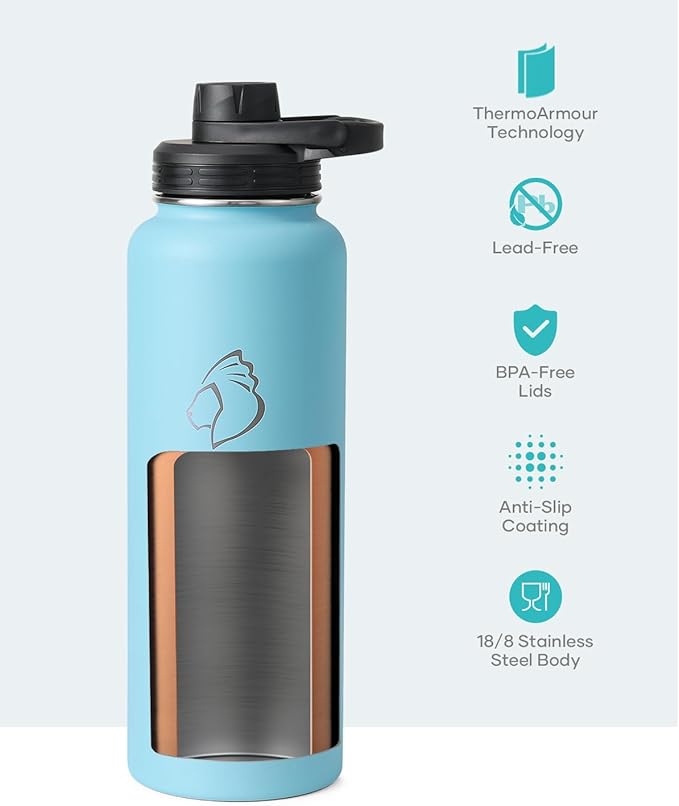 BUZIO 40 oz Water Bottle Insulated with Straw & 3 lid and Carrying Pouch, Leak Proof Anti-Slip Stainless Steel Water Flask Jug, Cold for 48 Hrs Double Vacuum Thermo Canteen, BPA-Free, Light Blue