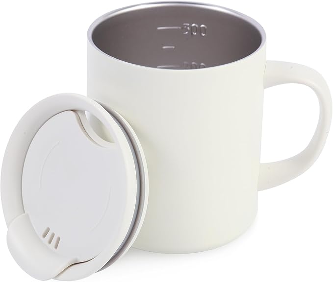 12oz Insulated Camping Coffee Mug with Lid & Handle, Double Wall Stainless Steel Vacuum Travel Coffee Cup, Reusable Tumbler for Home Office Camping - White