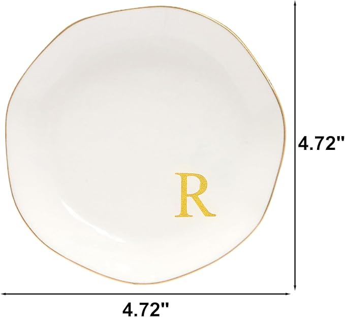 Ceramic Jewelry Tray Initial Ring Dish Personalized R-Monogrammed Engagement Wedding Gifts, for Birthday Mother's Day Christmas for Women, Ceramic White 4.75" (R)