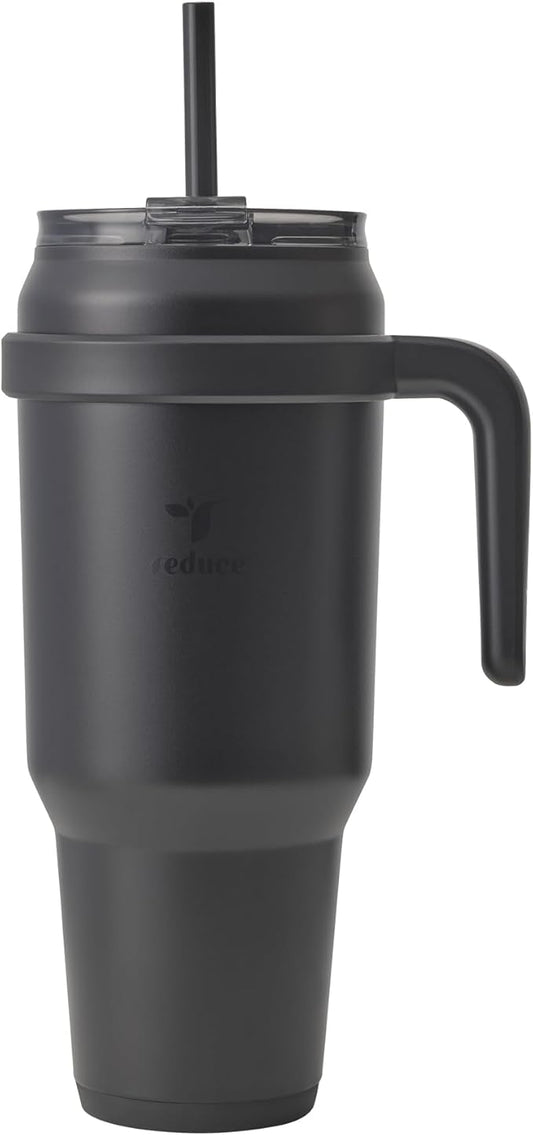 REDUCE 50 oz Stainless Steel Tumbler with Handle - Dual-Wall Vacuum Insulated Travel Mug, Sweat-Proof Lid & Reusable Straw - Keeps Drinks Cold for 24 Hrs, Fits Cupholders, Dishwasher Safe - Black
