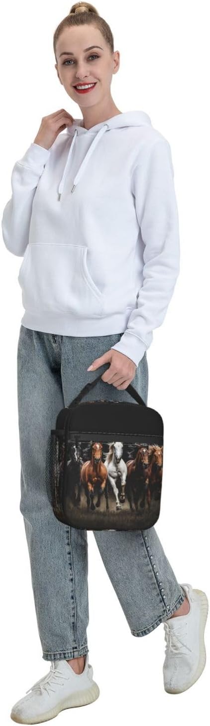 Wild Horse Lunch Bag, Polyester Tote Bags with Horses on Black Background, Insulated Lunchbox, Portable Lunchbag Decor Gifts for Work, Picnic, School, Travel, Hiking, Beach or Fishing