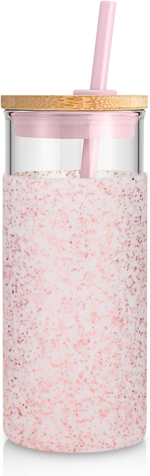 Tronco 20 oz Glass Tumbler with Lid and Straw, Iced Coffee Cup and Smoothie Cup with Bamboo Lids & Protective Silicone Sleeve, Dishwasher Safe, BPA-Free, Glass Cup 1 Pack