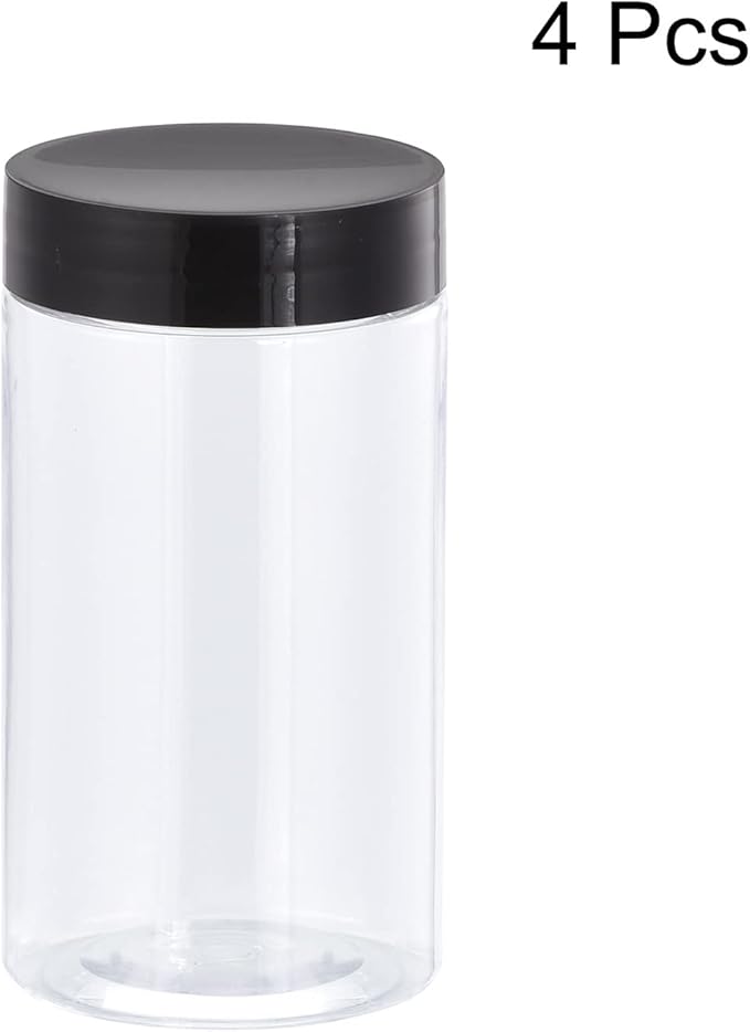 uxcell Round Plastic Jars with Black Screw Top Lid, 5oz/ 150ml Wide-mouth Clear Empty Containers for Storage, Organizing, 4Pcs