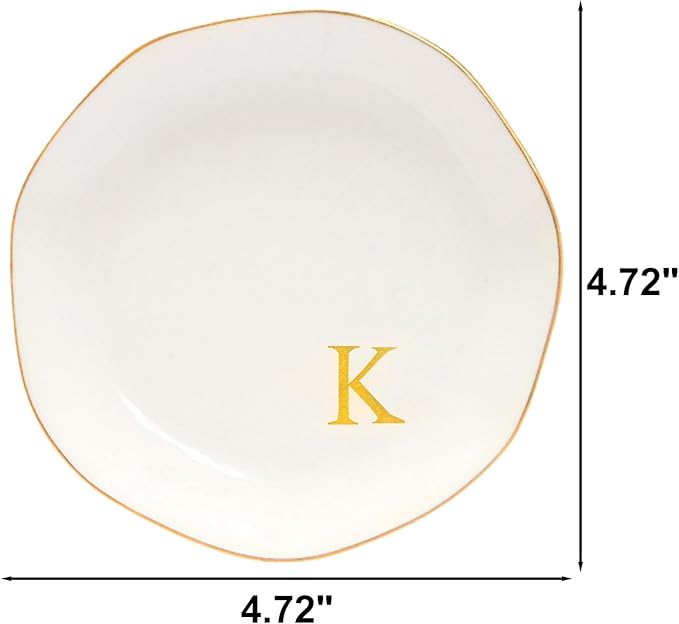 Ceramic Jewelry Tray Initial Ring Dish Personalized K-Monogrammed Engagement Wedding Gifts, for Birthday Mother's Day Christmas for Women, Ceramic White 4.75" (K)