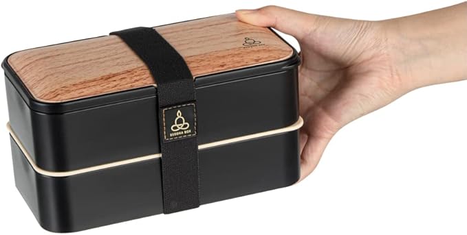 Restaurantware Bento Tek 40.5 Ounces Stackable Lunch Box 1 Reusable Adult Lunch Container - With Utensils Sauce Cup Wood Grain & Black Plastic Layered Lunch Box Microwavable Dishwashable