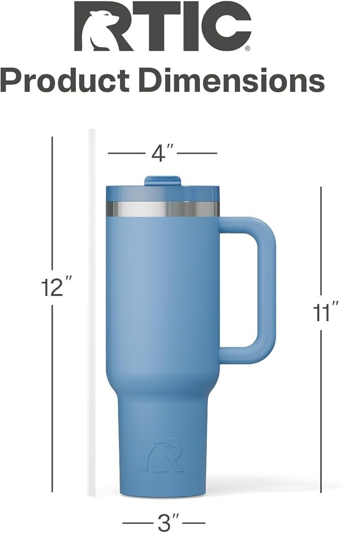 RTIC 40 oz Road Trip Tumbler Double-Walled Insulated Stainless Steel Portable Travel Coffee Mug Cup with Lid, Handle and Straw, Denim