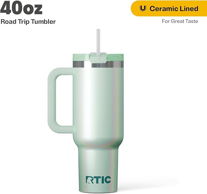 RTIC 40 oz Road Trip Tumbler Double-Walled Cermaic Lined Insulated Stainless Steel Portable Travel Coffee Mug Cup with Lid, Handle and Straw, Fresh Mint Glitter