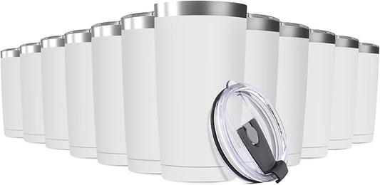 12Pack 20oz Tumbler Vacuum Insulated Travel Mug with Lids, Stainless Steel Double Wall Bulk Cup for Home, Office, Outdoor Suitable for Vehicle Cup Holders （White）