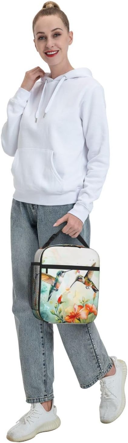 SUPLUCHOM Lunch Bag Hummingbird Flower Watercolor Insulated Bento Box Cooler with Side Pocket for Girl Boy Women Men Work School Picnic Hiking Daytrip